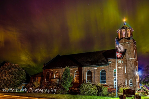 Aurora over Holy Rosary Catholic Church. by Watermark Photography