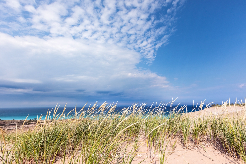 Awesome day at Sleeping Bear Dunes by Craig Sterken Photography Dune grass sways in the breeze under a blue sky with dramatic white clouds streaking overhead at Sleeping Bear Dunes National Lakeshore in Glen Haven Michigan
